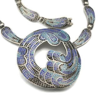 Margot De Taxco Mexican Enamel Mosaic Sterling Silver Pendant/pin Necklace 5547