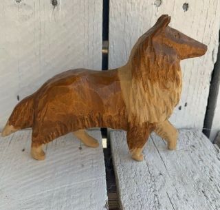 Antique Hand Carved Folk Art Wood Sculptures Collie Dog Signed