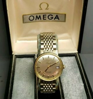 Vintage Omega Seamaster Deville Automatic Date Solid 14k Gold Wristwatch Boxed
