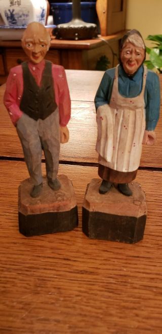 Pair Andre Bourgault Hand Carved Wood Figures 4 - 1/2 " Tall