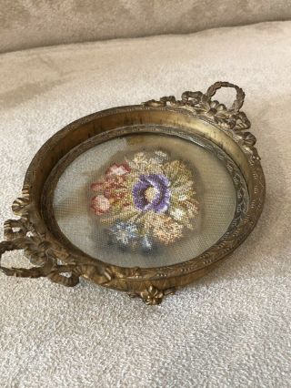 Antique French Gold Gilt Ormolu Metal Wreath Bow Glass Pin Tray Dish Petit Point