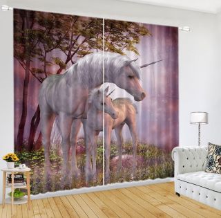2 Panels 3d Photo Printing Window Curtains Blockout Fabric Trees Ancient Unicorn