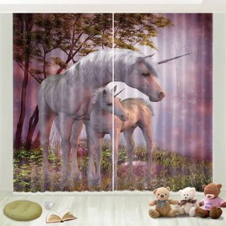 2 Panels 3D Photo Printing Window Curtains Blockout Fabric Trees Ancient Unicorn 2