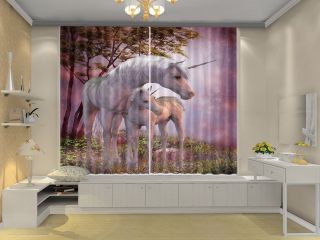 2 Panels 3D Photo Printing Window Curtains Blockout Fabric Trees Ancient Unicorn 3