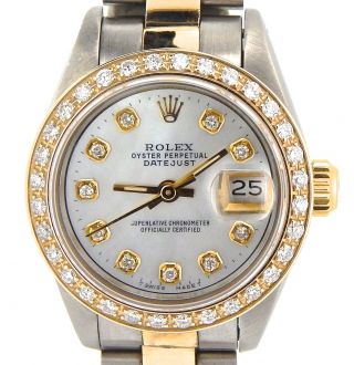 Rolex Datejust Lady 2tone 18k Gold Steel Watch W/ White Mop Dial & Diamond Bezel