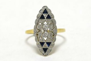 Platinum 18k Gold Diamond Sapphire Art Deco Tall Antique Shield Engagement Ring