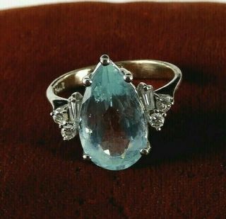 Vintage Estate Solid Platinum Engagement Ring Aquamarine Diamonds Pear 6.  2