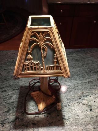 Antique Art Deco 1920’s? Slag Glass Lamp With Building And Palm Tree