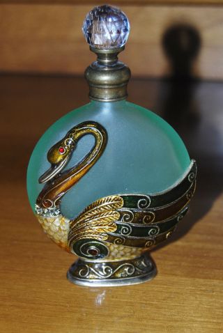 Vintage Green Glass Bronze Enamel Jeweled Swan Screw Top Bottle Perfume Oil