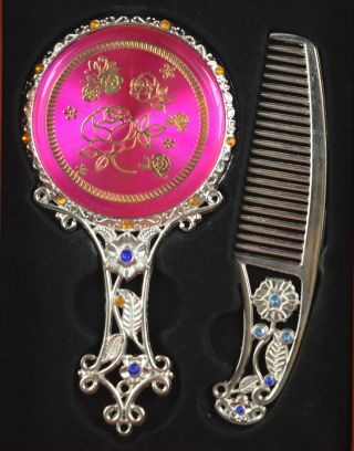 Aaa Decorate Tibet Silver Carve Bloomy Flower Fine A Set Hand Mirror Comb & Box