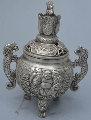 Collect Handwork Old Collectable Miao Silver Carve Dragon Buddha Incense Burner
