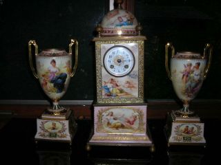 Exquisite Antique Signed 19th C Hand Painted 3 Piece Royal Vienna Clock
