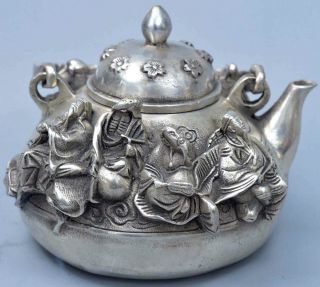 Exorcism Handwork Ancient Collectable Old Miao Silver Carve 8 Immortals Tea Pots
