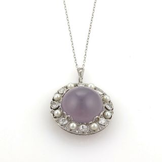 Art Deco Platinum Chalcedony 1ct Diamonds & Pearls Pendant Necklace - Brooch