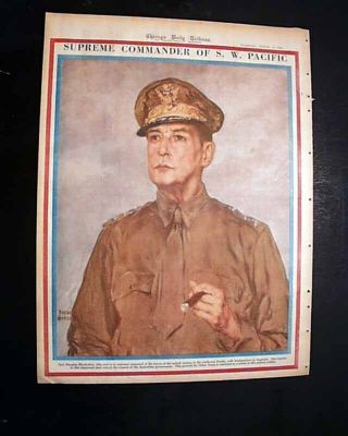 General Douglas Macarthur Supreme Commander Pacific Color Portrait1942 Newspaper