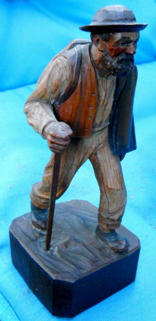 Early Antique Anri Hiking Man Patinated Carved Wood Statue 7.  5 " Tall