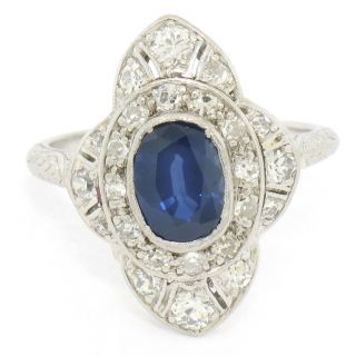 Antique Art Deco Petite Platinum 1.  37ctw Diamond & Natural Sapphire Dinner Ring