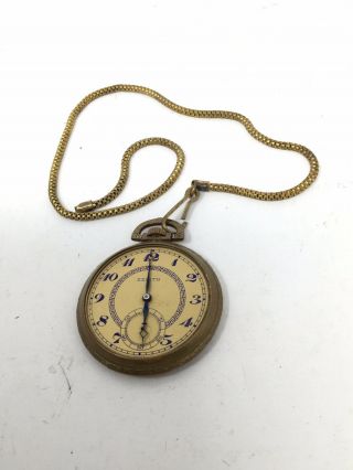 Vtg Zenith 17 Jewels Pocket Watch With Chain Missing Crystal Face