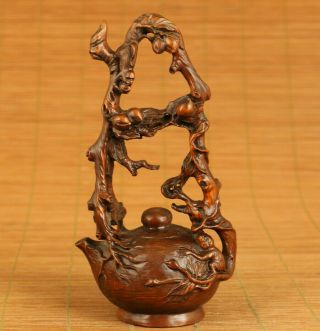 Chinese Old Boxwood Monkey Peach Teapot Statue Noble Table Home Decoration Gift