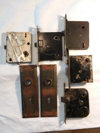 5 Antique Mortise Door Locks And One Set Of Back Plates No Keys