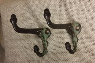 2 Coat Hooks acorn tip rustic school farm house old vintage 1800 ' s cast iron 3