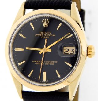 Rolex Date 1550 Mens 14k Gold Shell Watch Black Leather Band Black Dial 34mm