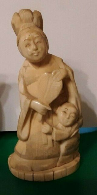 Vintage Signed Woman With Child And Fan Chinese Figure Bakelite China Antique