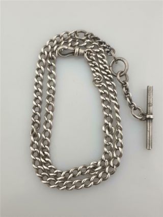 Antique Victorian Solid Sterling Silver Albert Pocket Watch Chain & T - Bar