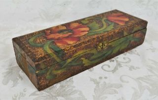 Vintage Antique Primitive Folk Art Pyrography Floral Painted Box