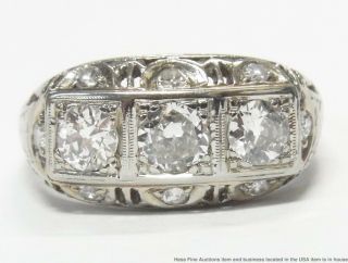 2ctw Old Cut Diamond 14k White Gold Filigree Ring Antique 3 Stone 1930s Stunner