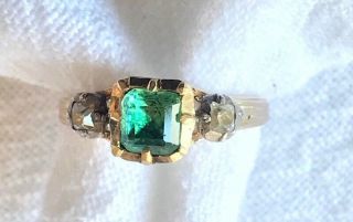 Georgian Emerald & Diamond 9k Closed Foil Back Triology Ring Size 7