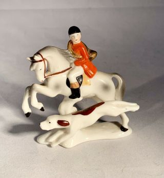 Small Vintage Porcelain Fox Hunt Figurine - Horse,  Hound,  Rider - Gold Horn - Germany