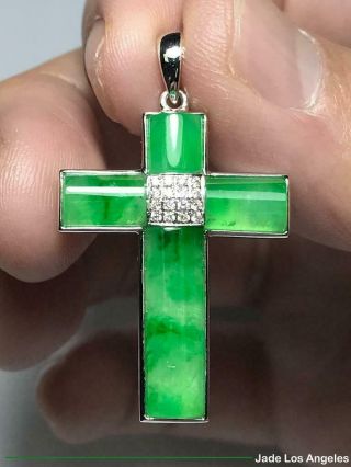Holy Cross Translucent Apple Green Jadeite Jade 18k White Gold Diamond Pendant