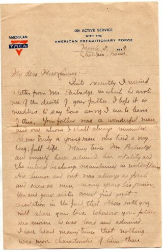 61493.  Wwi Letter Pvt Ralph Bramhall Co C 306 Inf To Miss Addie Lawrence Maine