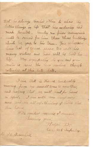 61493.  WWI Letter Pvt Ralph Bramhall Co C 306 Inf to Miss Addie Lawrence Maine 2