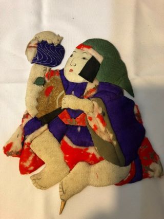 Antique Japanese Oshie Ningyo Doll Daikoku Lucky God With Rat Silk Fabric Art