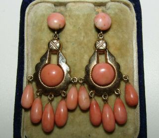 Exceptional,  Victorian 9 Ct Gold Chandelier Earrings With Angel Skin Coral Gems