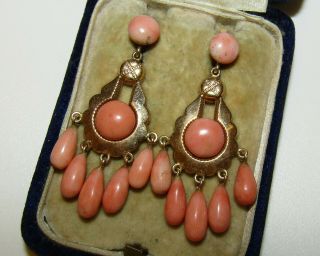 EXCEPTIONAL,  VICTORIAN 9 CT GOLD CHANDELIER EARRINGS WITH ANGEL SKIN CORAL GEMS 3