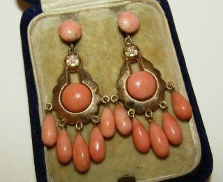 EXCEPTIONAL,  VICTORIAN 9 CT GOLD CHANDELIER EARRINGS WITH ANGEL SKIN CORAL GEMS 4
