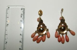 EXCEPTIONAL,  VICTORIAN 9 CT GOLD CHANDELIER EARRINGS WITH ANGEL SKIN CORAL GEMS 5