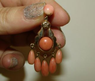 EXCEPTIONAL,  VICTORIAN 9 CT GOLD CHANDELIER EARRINGS WITH ANGEL SKIN CORAL GEMS 6
