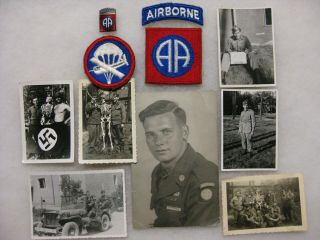 Wwii 82nd Airborne Paratrooper Photos With Patches And Pin Group D - Day