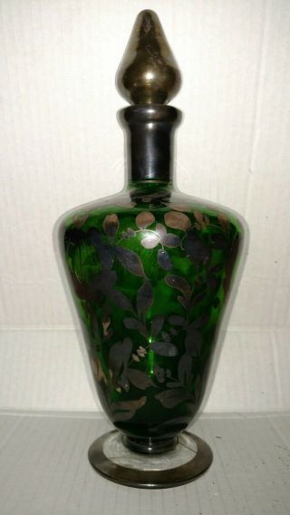 Antique Victorian Green Glass Silver Overlay Flowers Decoration Wine Decanter