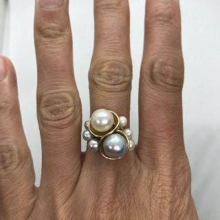 Vintage signed MING ' S 14k yellow gold blue white pearl double ring Hawaii bypass 2