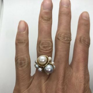 Vintage signed MING ' S 14k yellow gold blue white pearl double ring Hawaii bypass 4