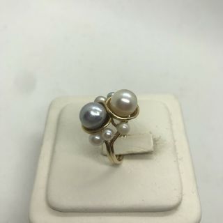 Vintage signed MING ' S 14k yellow gold blue white pearl double ring Hawaii bypass 6
