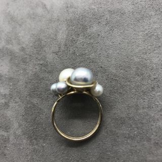 Vintage signed MING ' S 14k yellow gold blue white pearl double ring Hawaii bypass 7