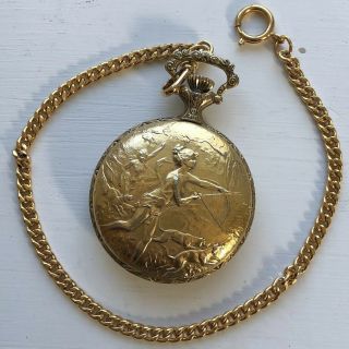 Gold Tone Hunter Pocket Watch Case Unitas (eta) 6498 Stem Crown Dial Hands Chain