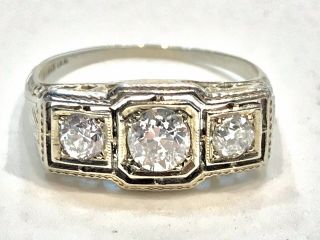 Antique Belais Art Deco 18k White Gold Filigree Old Mine 3 Diamond Ring Size 8.  5