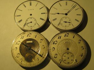 Elgin 12s (4) pocket watch movements for repair,  all need cannon pinion adjustme 2